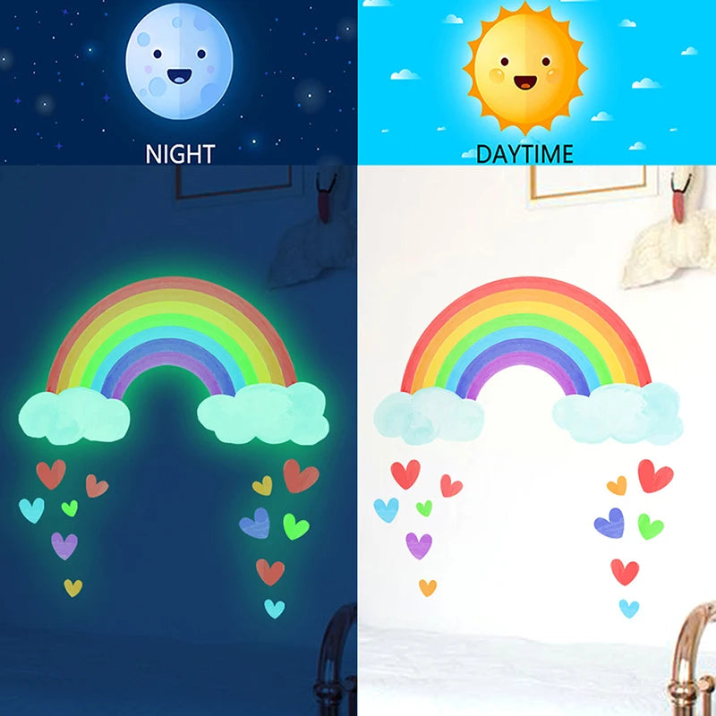 Cartoon Rainbow Luminous Wall Stickers Glow In The Dark Fluorescent Cloud Heart Wall Decal For Baby Kid Rooms Nursery Home Decor