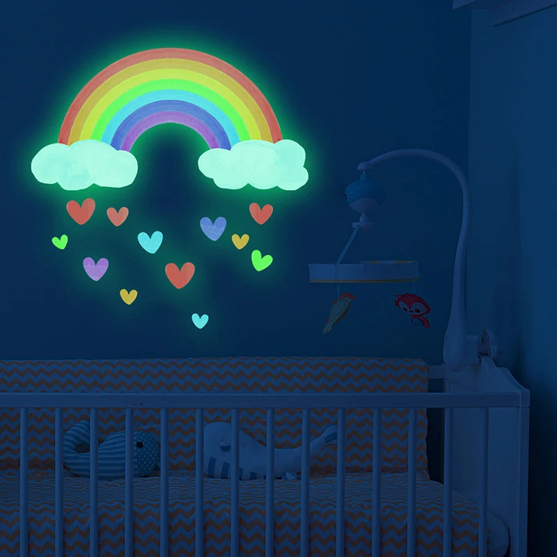 Cartoon Rainbow Luminous Wall Stickers Glow In The Dark Fluorescent Cloud Heart Wall Decal For Baby Kid Rooms Nursery Home Decor