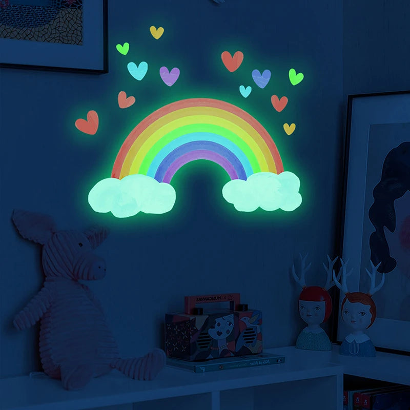 Cartoon Rainbow Luminous Wall Stickers Glow In The Dark Fluorescent Cloud Heart Wall Decal For Baby Kid Rooms Nursery Home Decor